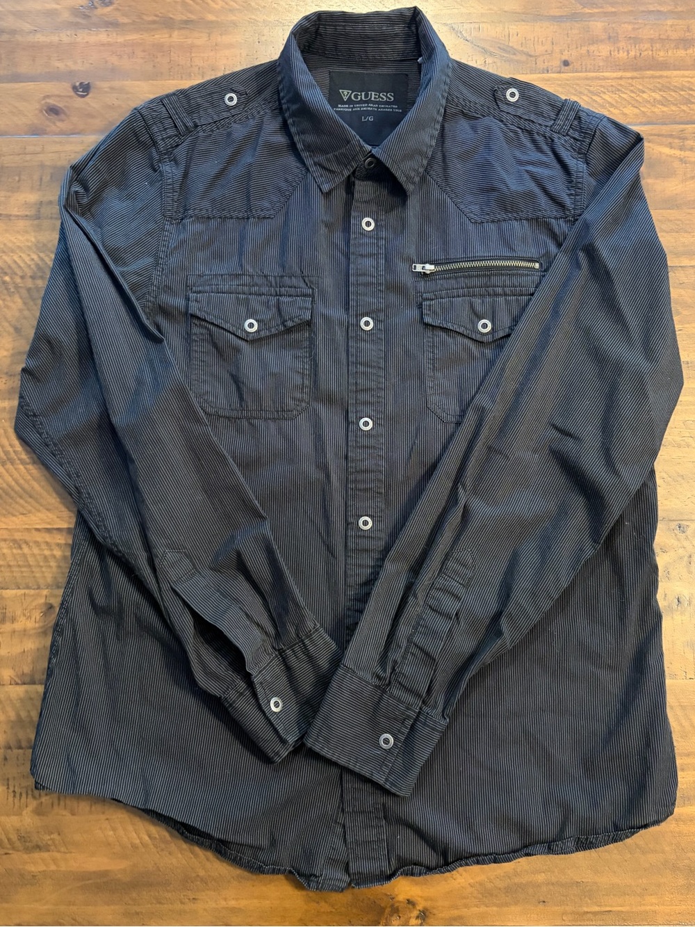 Guess Black Striped Button-Down Shirt Mens L